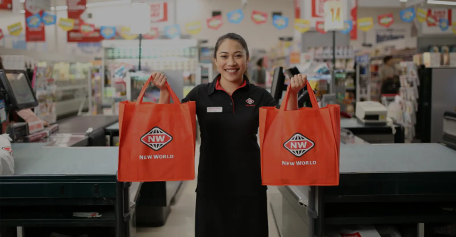 New world worker with shopping bags
